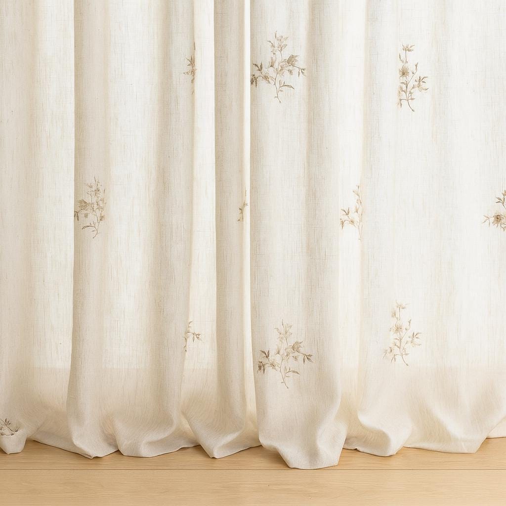 Embroidered Linen Sheer Curtains: Off-White with Neutral Floral Sprigs — image 7