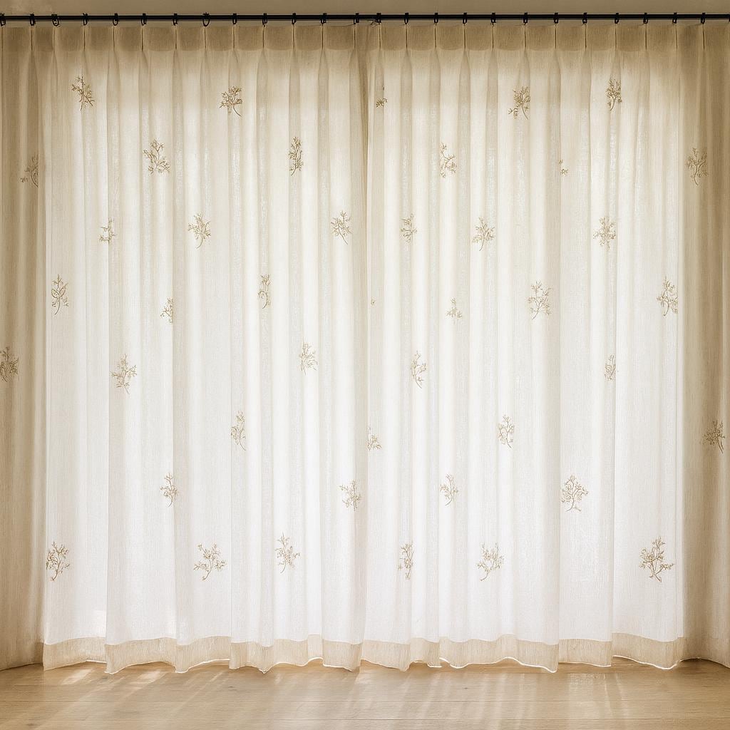 Embroidered Linen Sheer Curtains: Off-White with Neutral Floral Sprigs — image 8