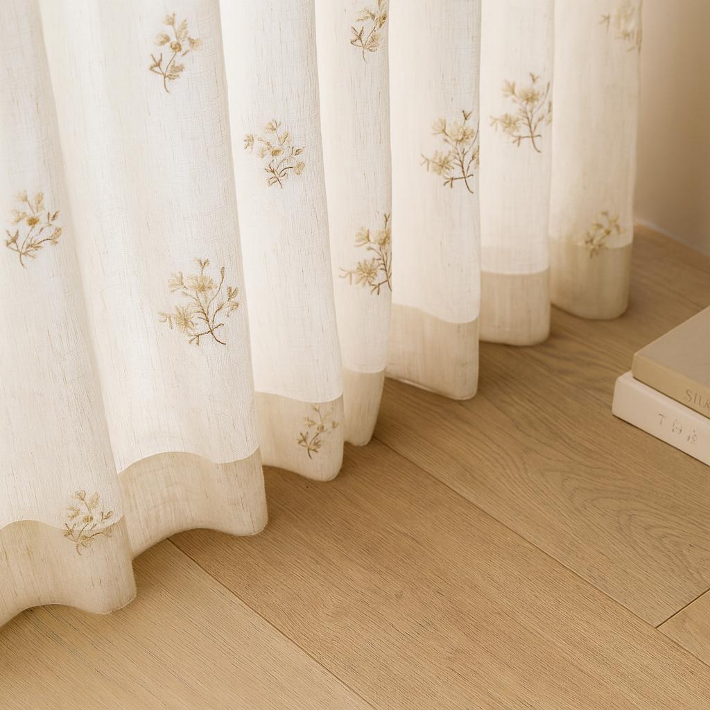 Ivory Linen Sheer Curtains - Beige Floral, Custom Widths & Lengths — image 4