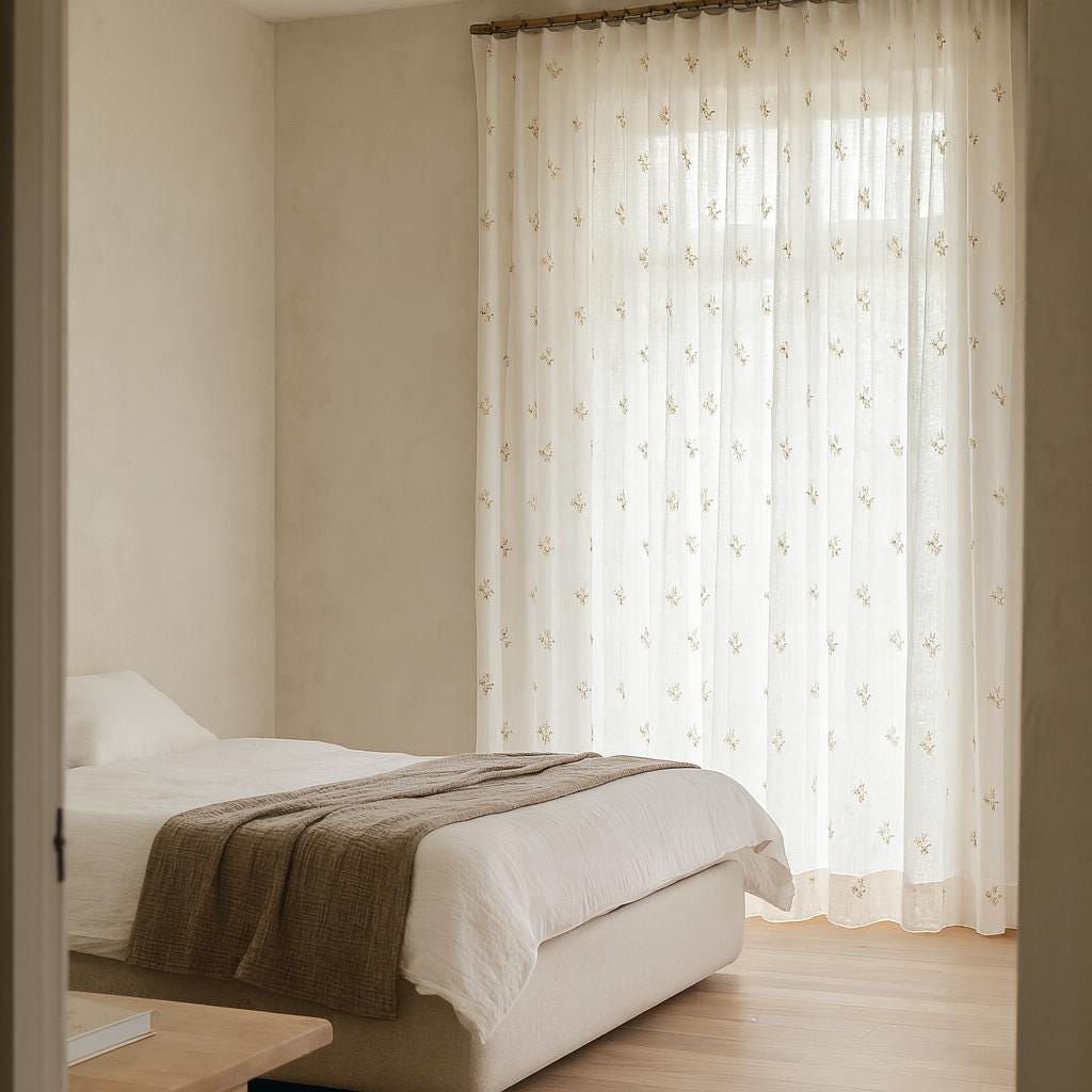 Ivory Linen Sheer Curtains - Beige Floral, Custom Widths & Lengths — image 7