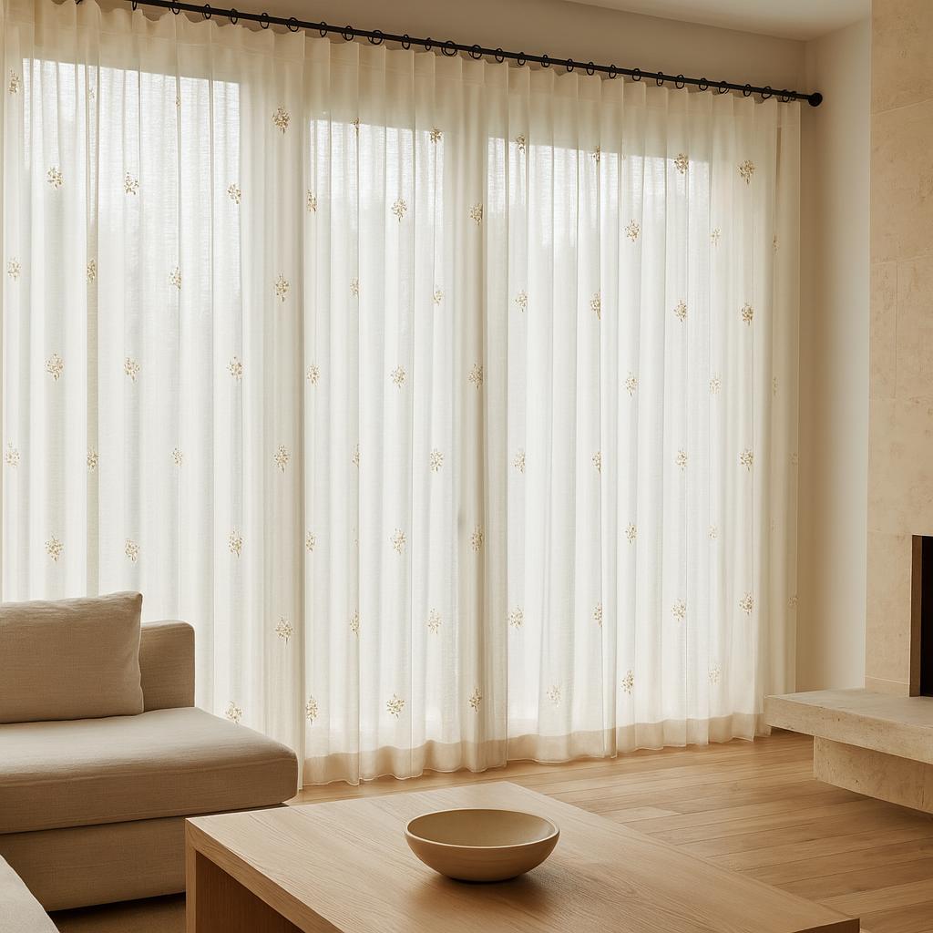 Ivory Linen Sheer Curtains - Beige Floral, Custom Widths & Lengths — image 9