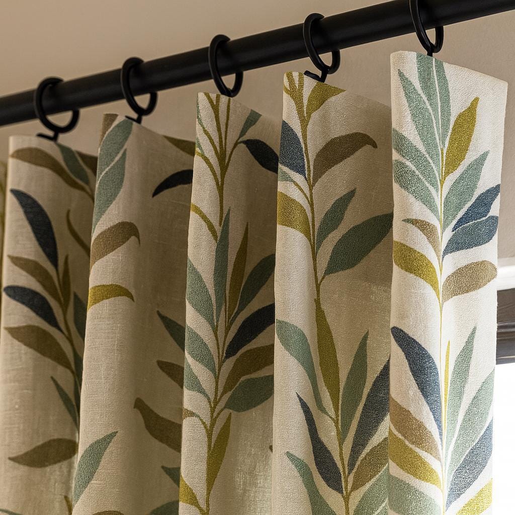 Jacquard Linen Curtains: Olive Sage Navy Leaf - Blackout or Light-Filtering — image 3