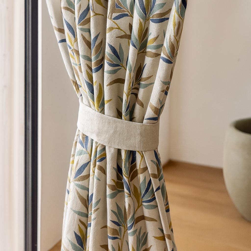Jacquard Linen Curtains: Olive Sage Navy Leaf - Blackout or Light-Filtering — image 4