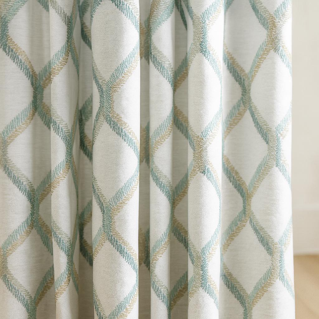 Organic Linen Curtains: Embroidered Geometric Lattice - Blackout or Cotton Lined — image 1