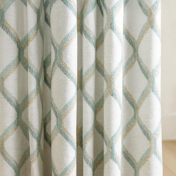 Organic Linen Curtains: Embroidered Geometric Lattice - Blackout or Cotton Lined — image 1