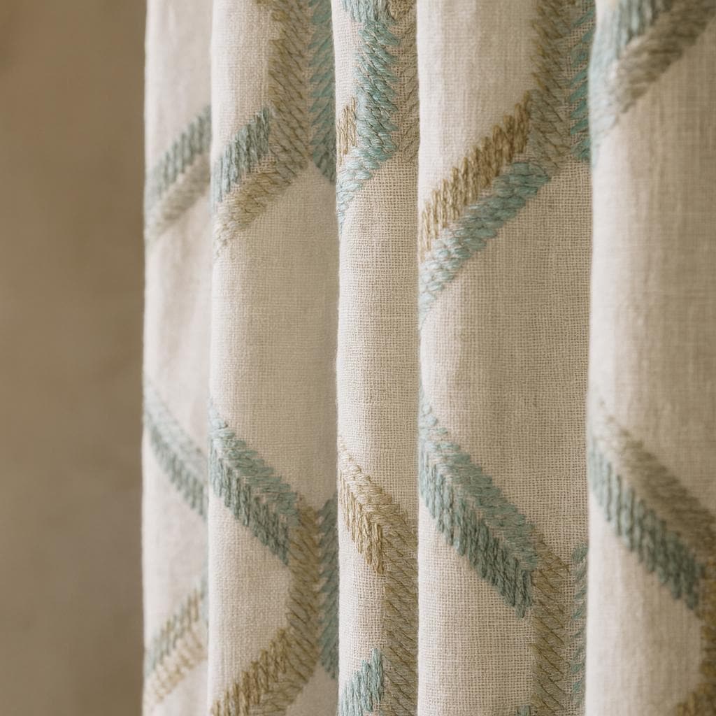 Organic Linen Curtains: Embroidered Geometric Lattice - Blackout or Cotton Lined — image 5