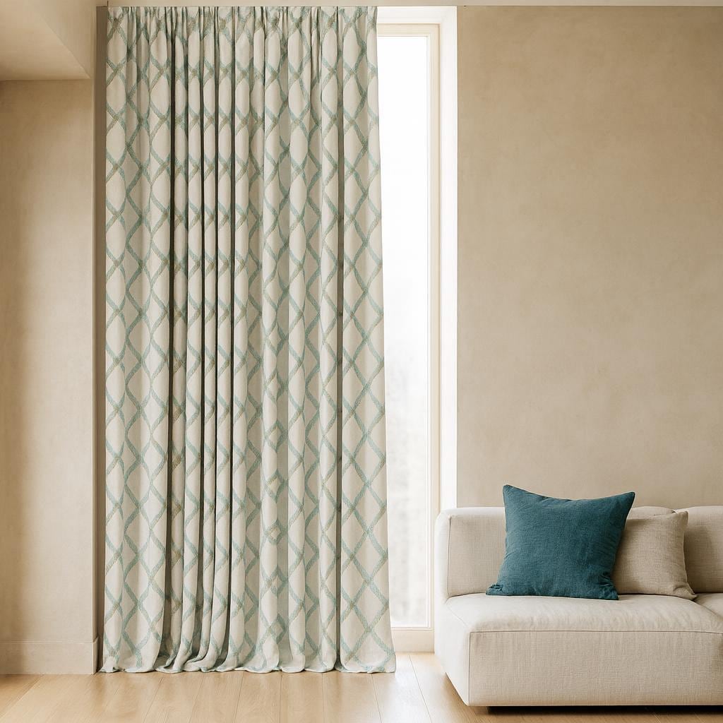 Organic Linen Curtains: Embroidered Geometric Lattice - Blackout or Cotton Lined — image 6
