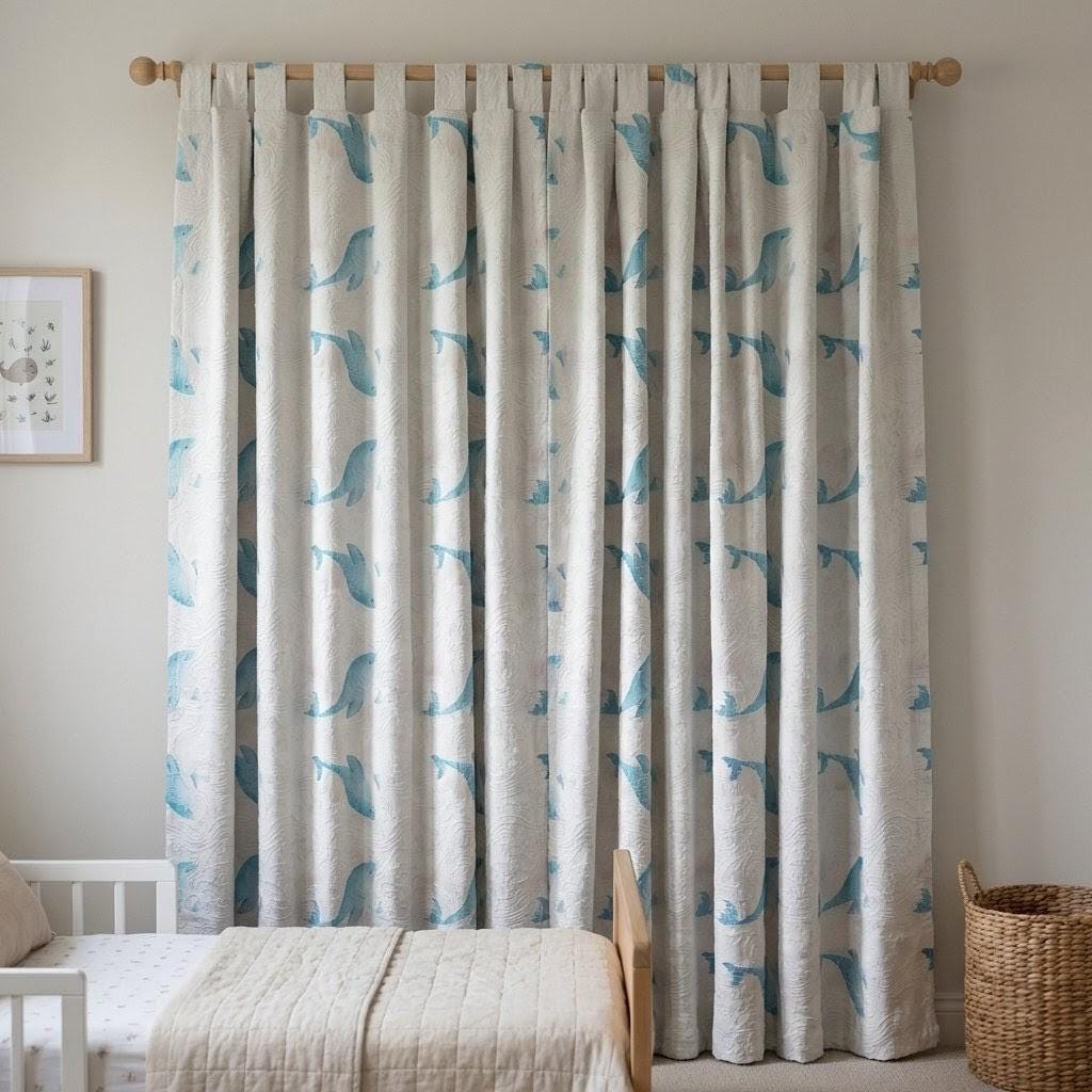 White Linen Nursery Curtains, Blue Whale Print, Wave Jacquard — image 6