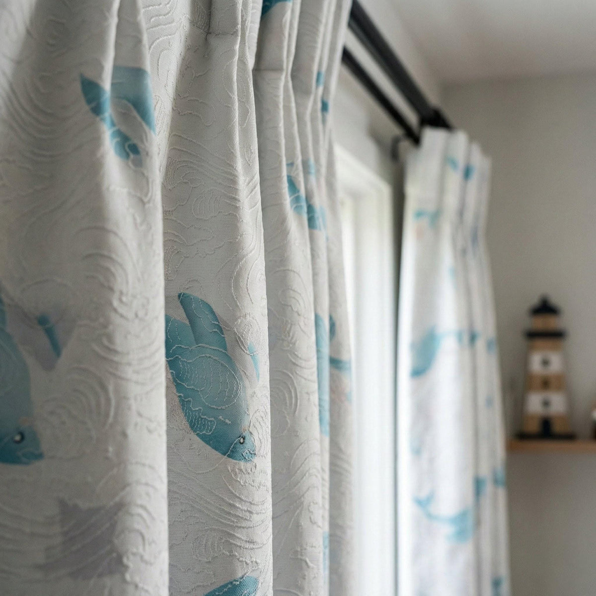White Linen Nursery Curtains, Blue Whale Print, Wave Jacquard — image 4