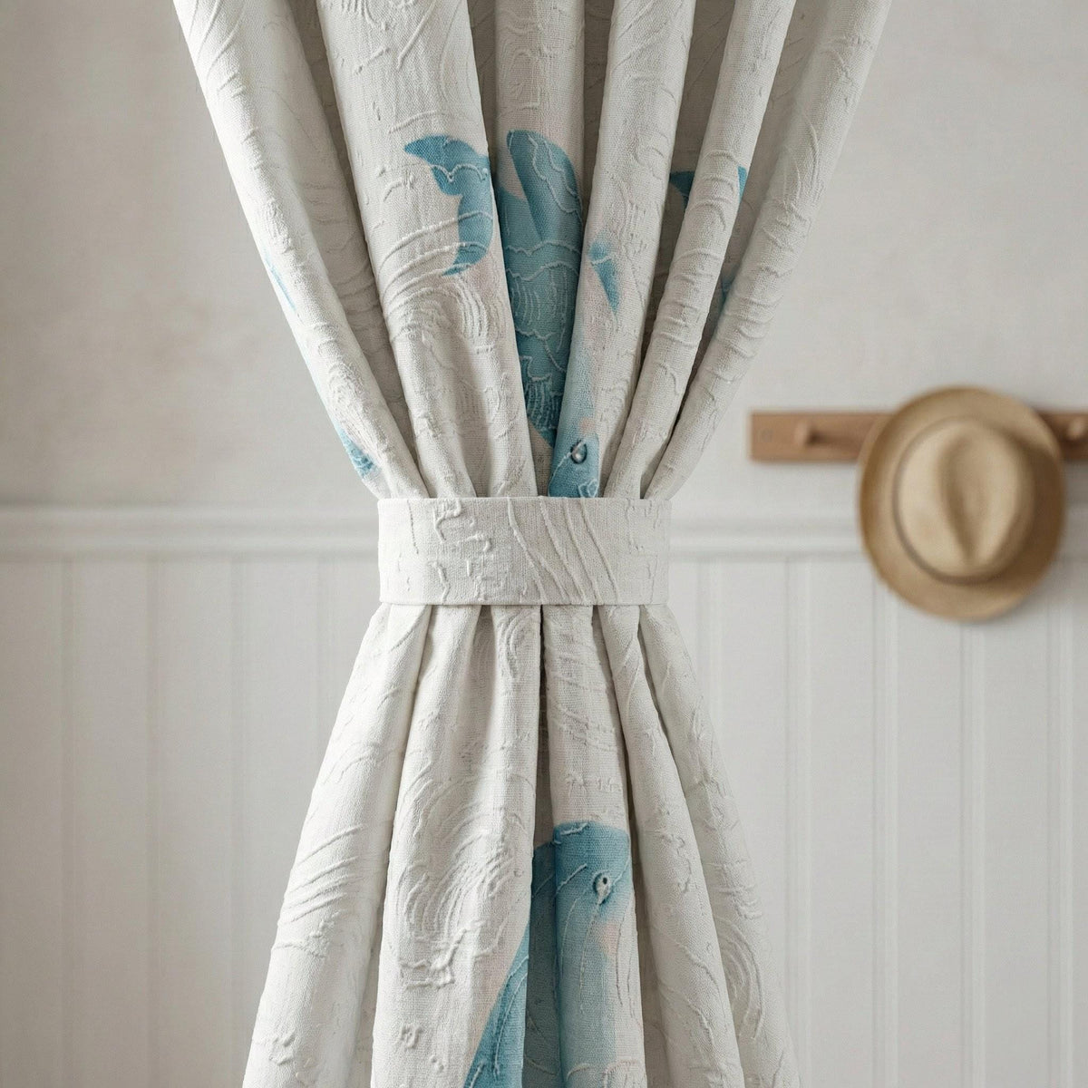White Linen Nursery Curtains, Blue Whale Print, Wave Jacquard — image 5