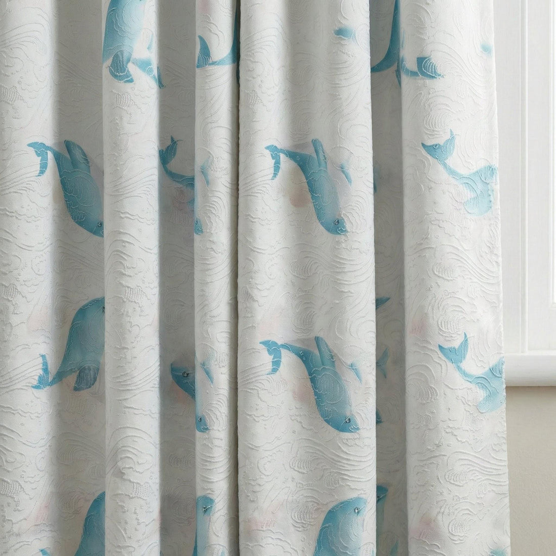 White Linen Nursery Curtains, Blue Whale Print, Wave Jacquard — image 1
