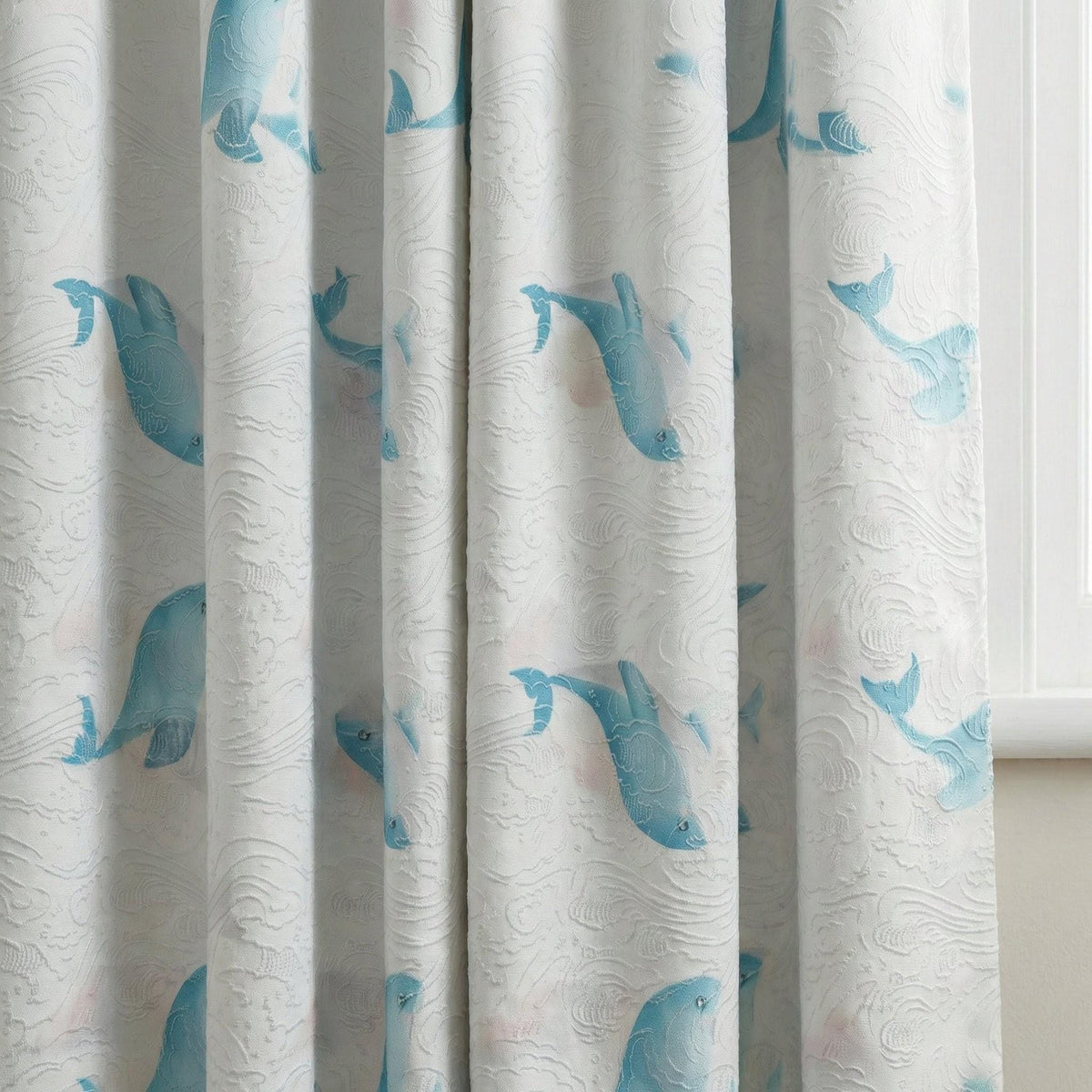 White Linen Nursery Curtains, Blue Whale Print, Wave Jacquard — image 2