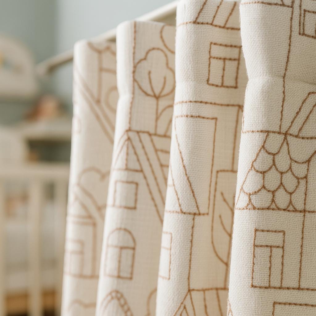 Blackout Linen Curtains: Nursery Style with Red Houses Embroidery (Custom Sizes) — image 2