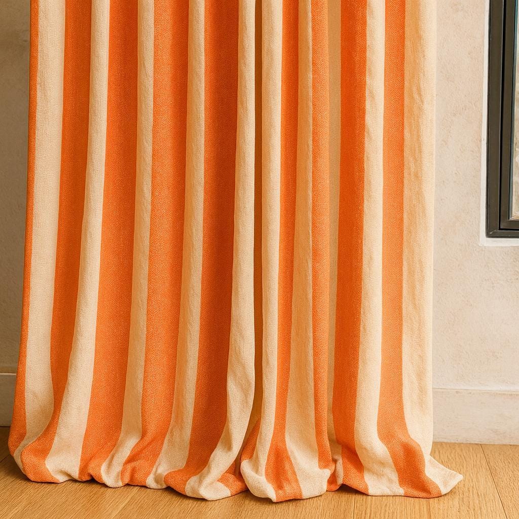 Japandi Organic Cotton Curtains, Orange Ivory Stripe (Custom Height Options) — image 1