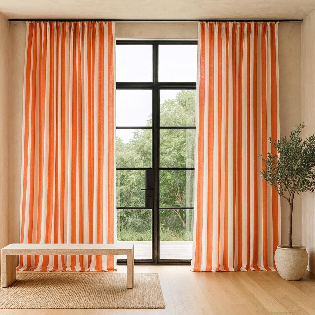 Japandi Organic Cotton Curtains, Orange Ivory Stripe (Custom Height Options) — image 1