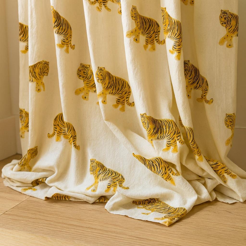 Tiger Block-Print Curtains: Organic Cotton, Ivory & Golden Ochre — image 1