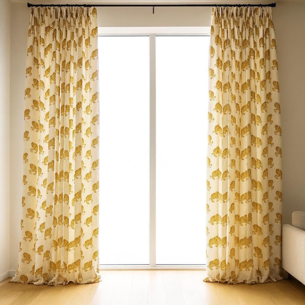Tiger Block-Print Curtains: Organic Cotton, Ivory & Golden Ochre — image 2