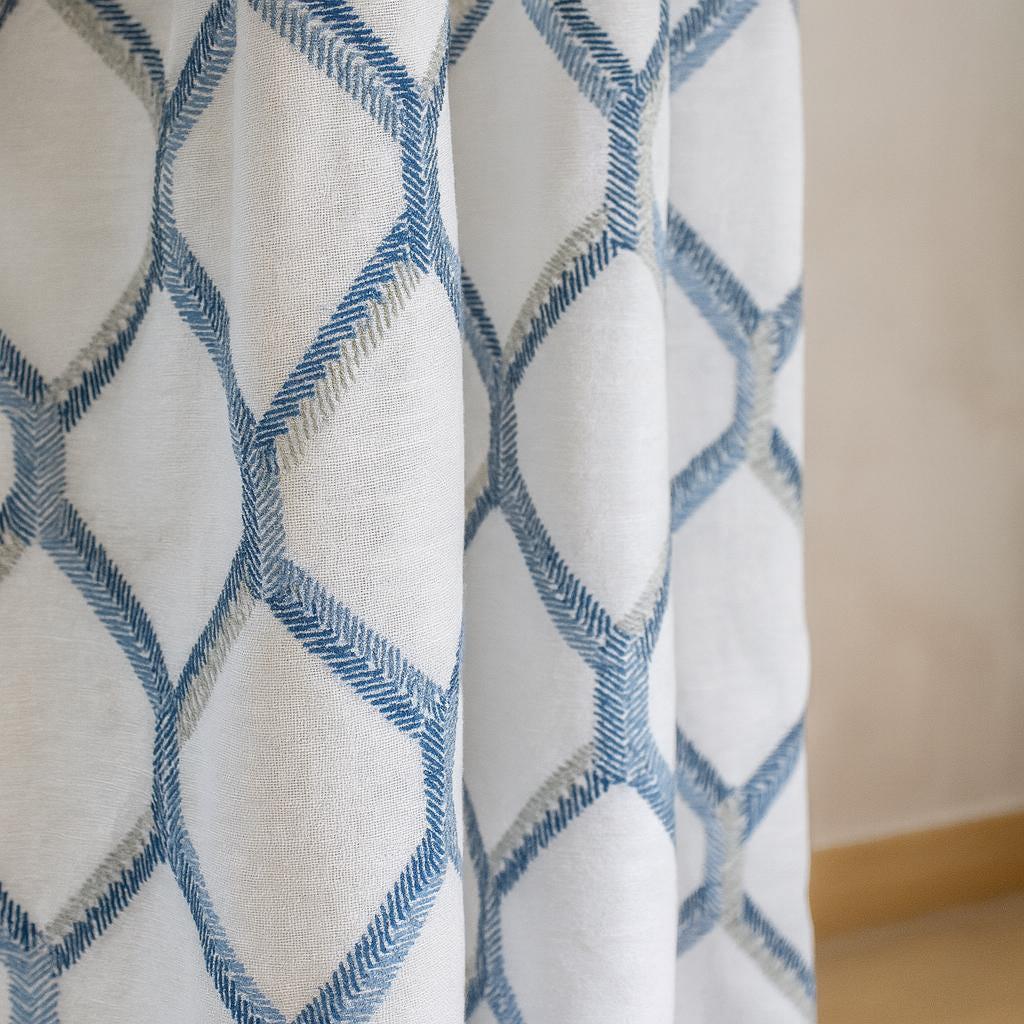 Embroidered Linen Curtains: Navy & Sky Blue Lattice on White — image 1