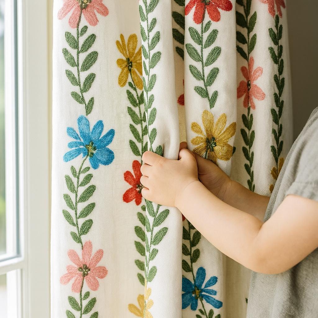 Linen Blackout Curtains: White Daisy Vine Embroidery (Kids Nursery, Custom Fit) — image 1