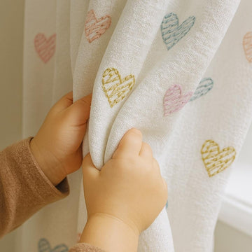 White Linen Curtains with Pastel Hearts: Kids Blackout or Cotton Liner — image 1