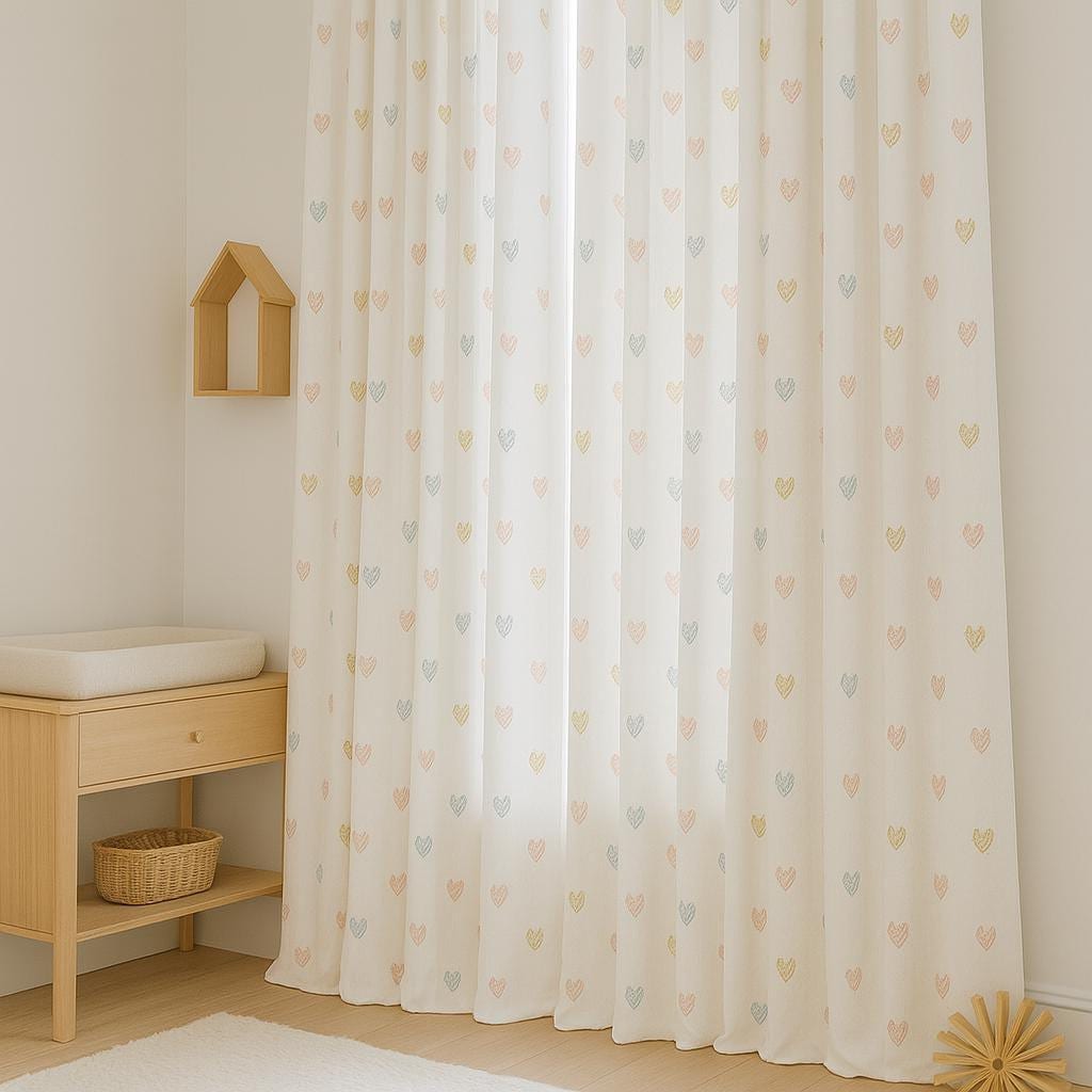 White Linen Curtains with Pastel Hearts: Kids Blackout or Cotton Liner — image 2