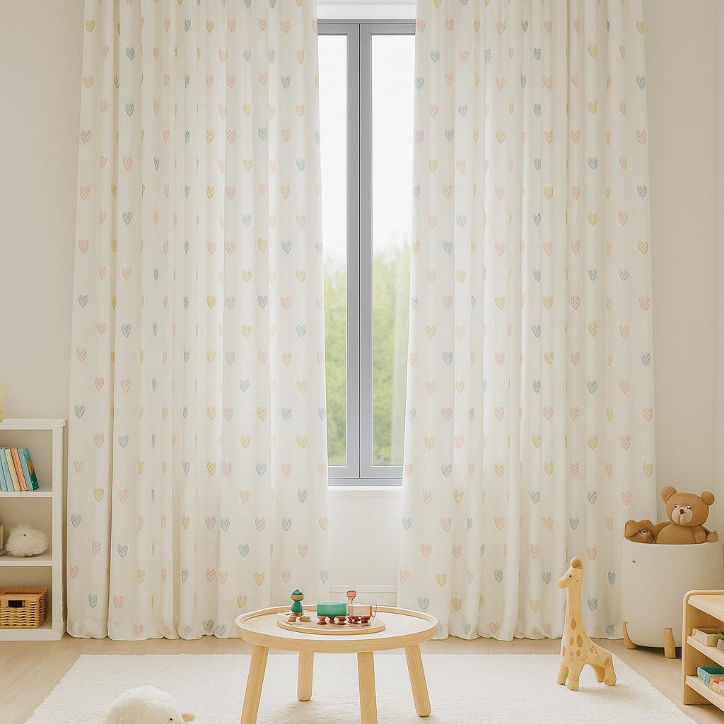 White Linen Curtains with Pastel Hearts: Kids Blackout or Cotton Liner — image 3