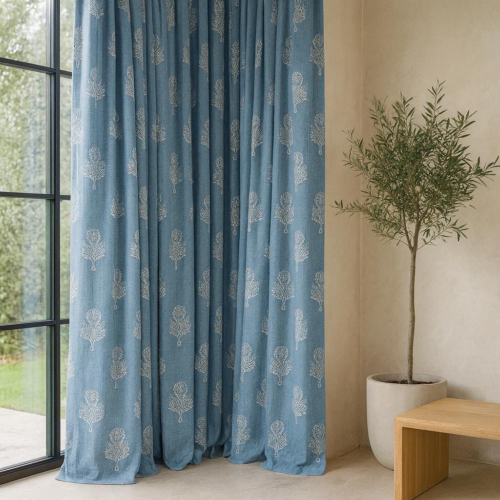 Organic Cotton Curtains, Dusty Blue Floral (Custom Length, Multiple Heading Styles) — image 3