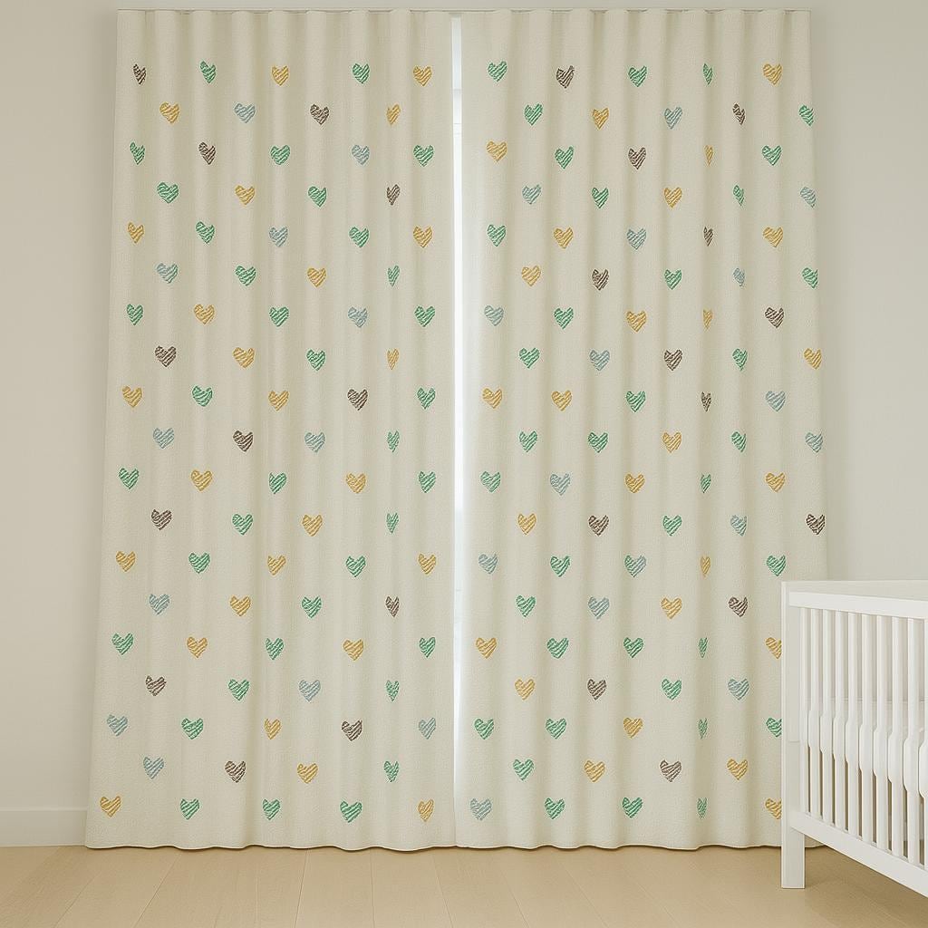 Nursery Linen Curtains, Embroidered Hearts, White Base (Custom Sizes) — image 3