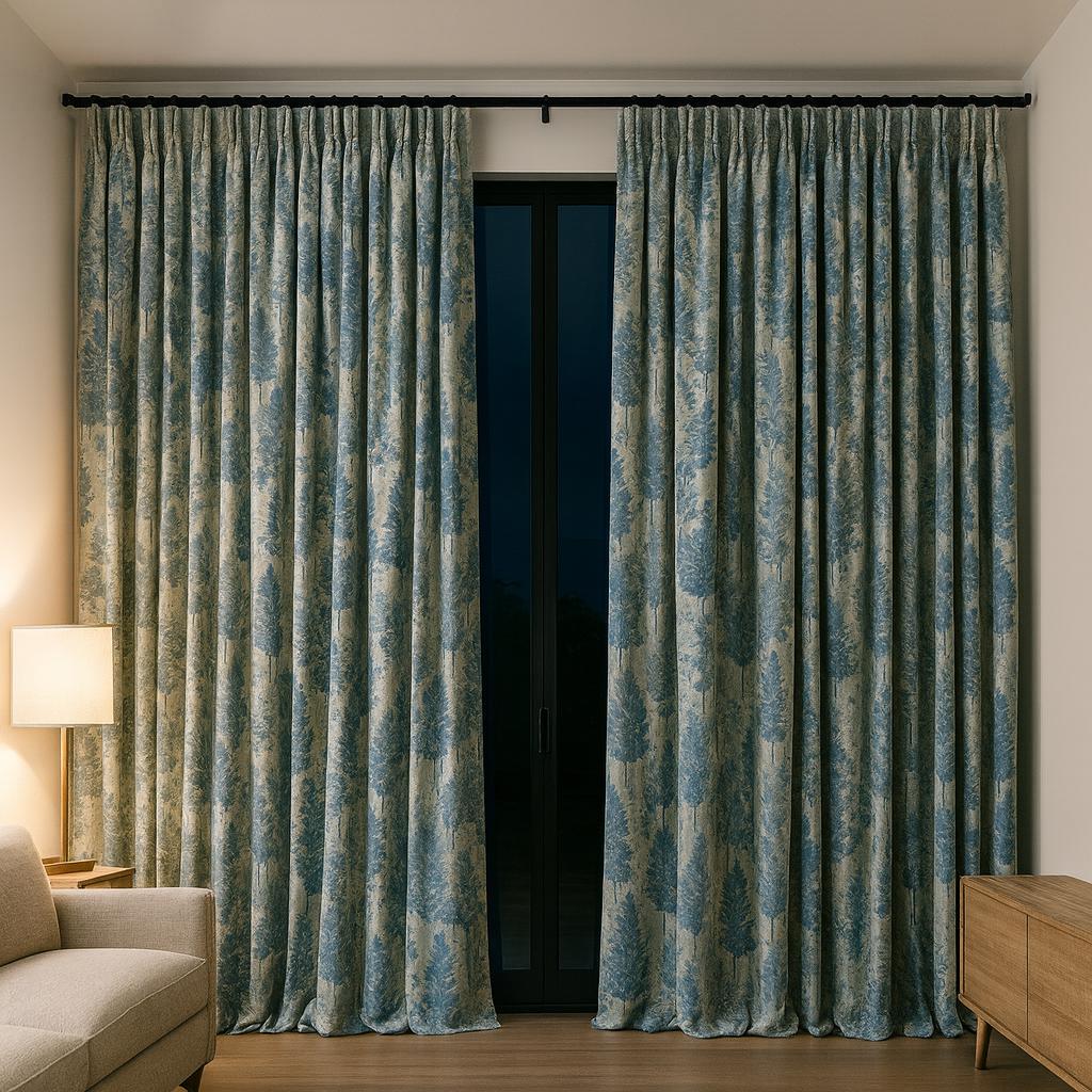Pinch Pleated Curtains: Organic Linen with Blue Sage Forest Print (Single or Pair) — image 1