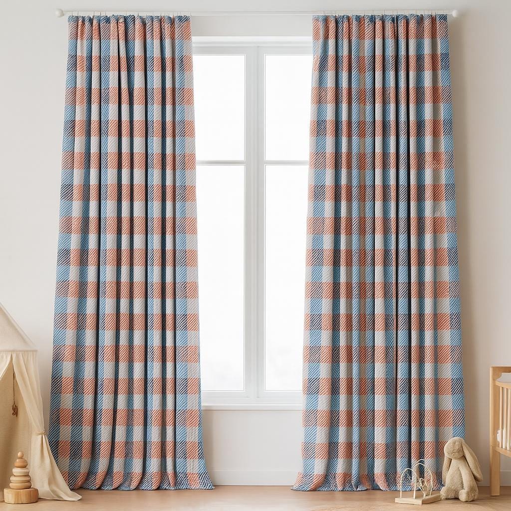 Gingham Curtains: Coral and Blue Velvet (Single Panel or Pair) — image 2