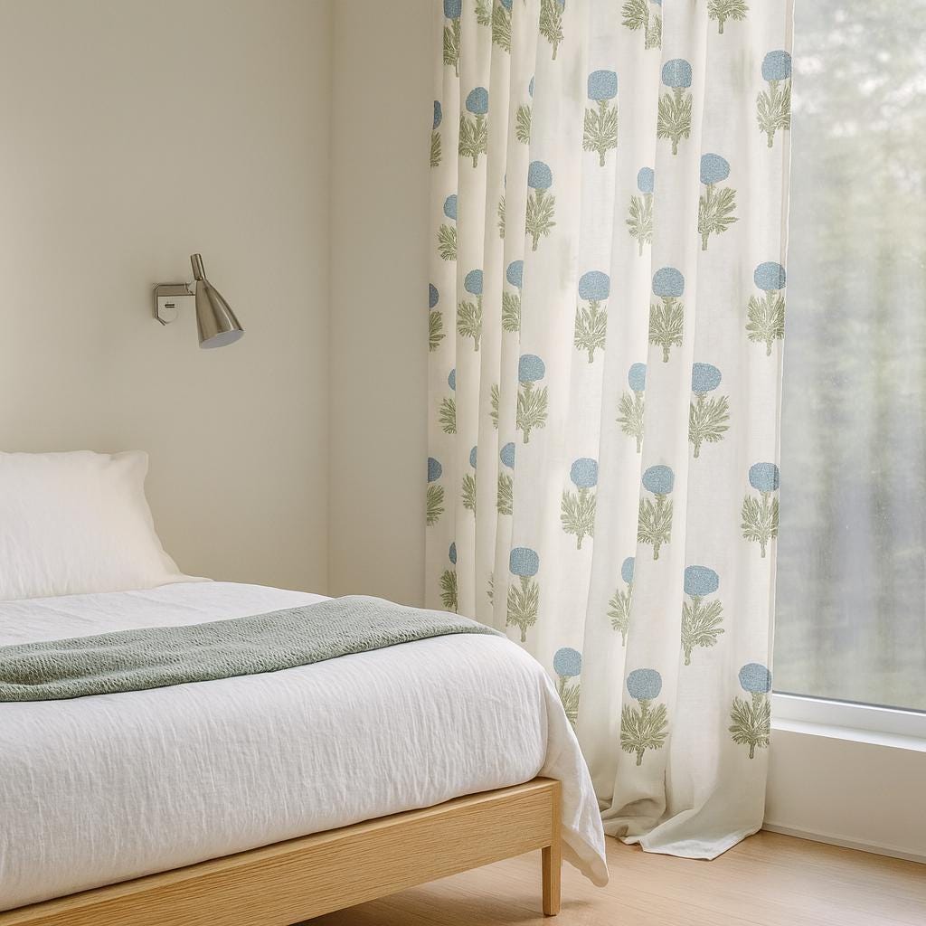 Hand Block Printed Curtains - Organic Cotton, Powder Blue Floral Pattern — image 1