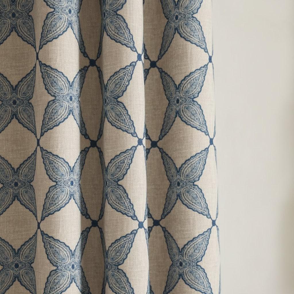 Linen Curtains: Flax Base with Blue Medallion Embroidery - Cotton or Blackout Liner — image 1