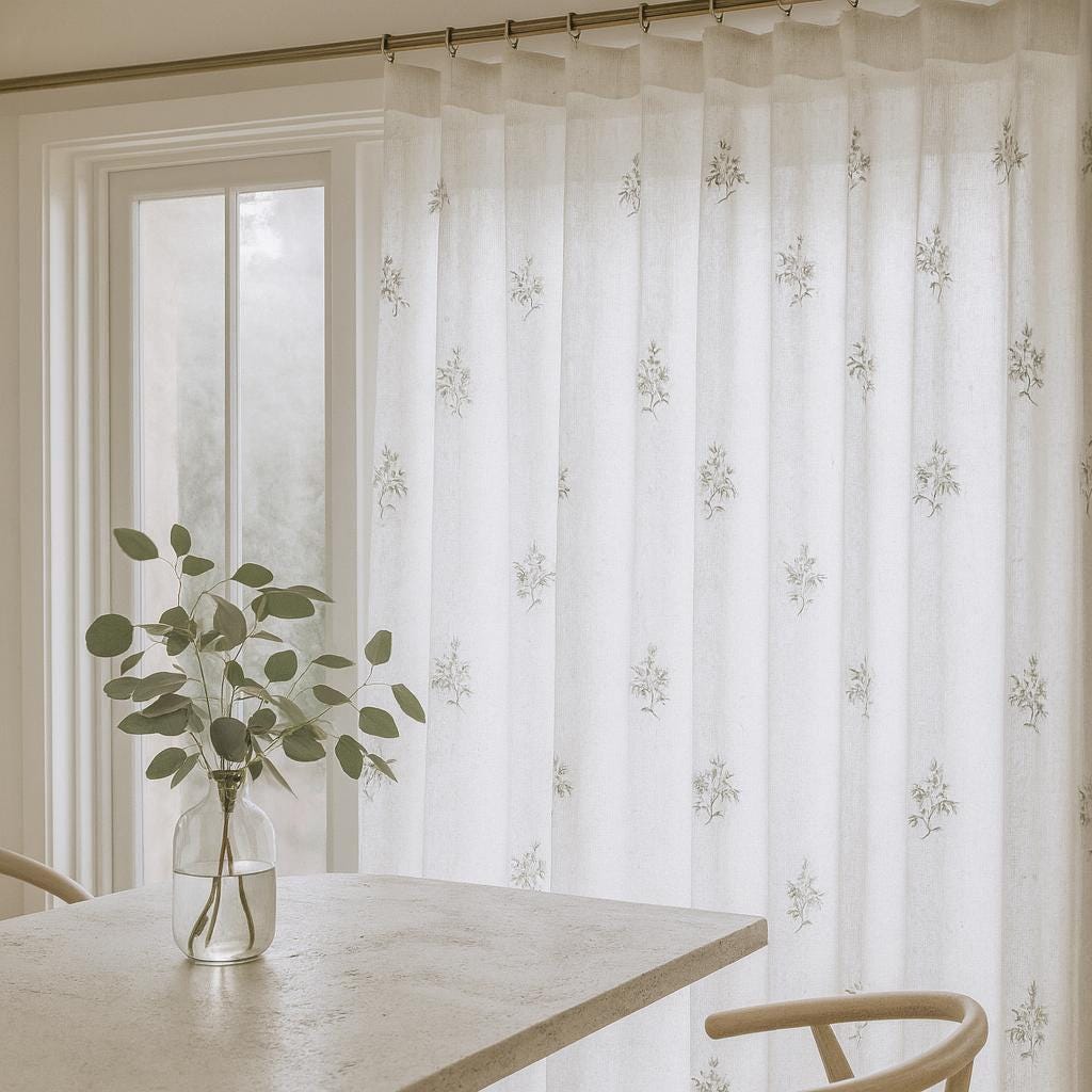 Sheer Linen Curtains: White with Eucalyptus Embroidery - Ripple Fold Style — image 1