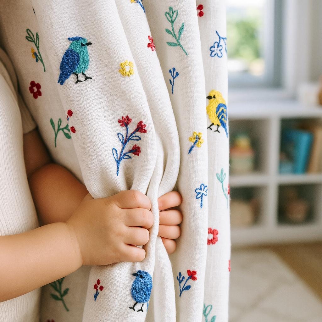 Nursery Blackout Curtains: Embroidered Birds - Organic Linen — image 1