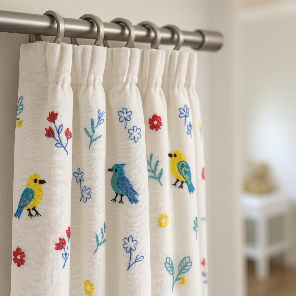Nursery Blackout Curtains: Embroidered Birds - Organic Linen — image 1