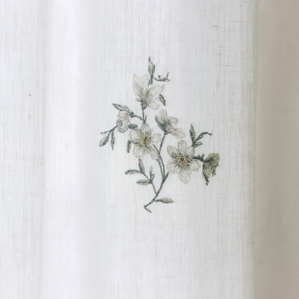 Sheer Linen Curtains: White with Eucalyptus Embroidery - Ripple Fold Style — image 3