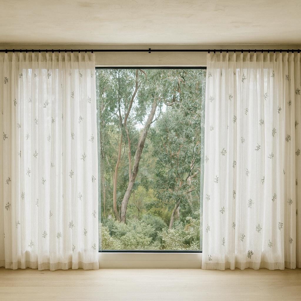 Sheer Linen Curtains: White with Eucalyptus Embroidery - Ripple Fold Style — image 4