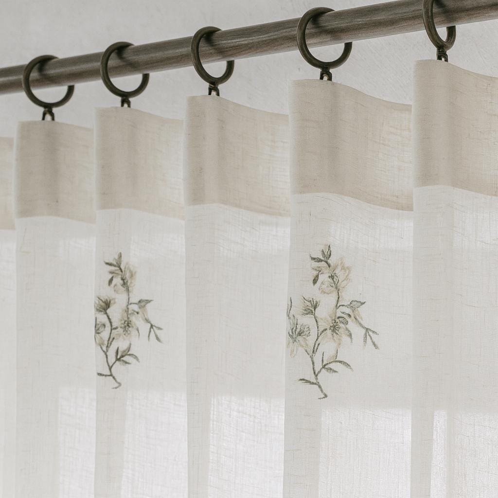 Sheer Linen Curtains: White with Eucalyptus Embroidery - Ripple Fold Style — image 5
