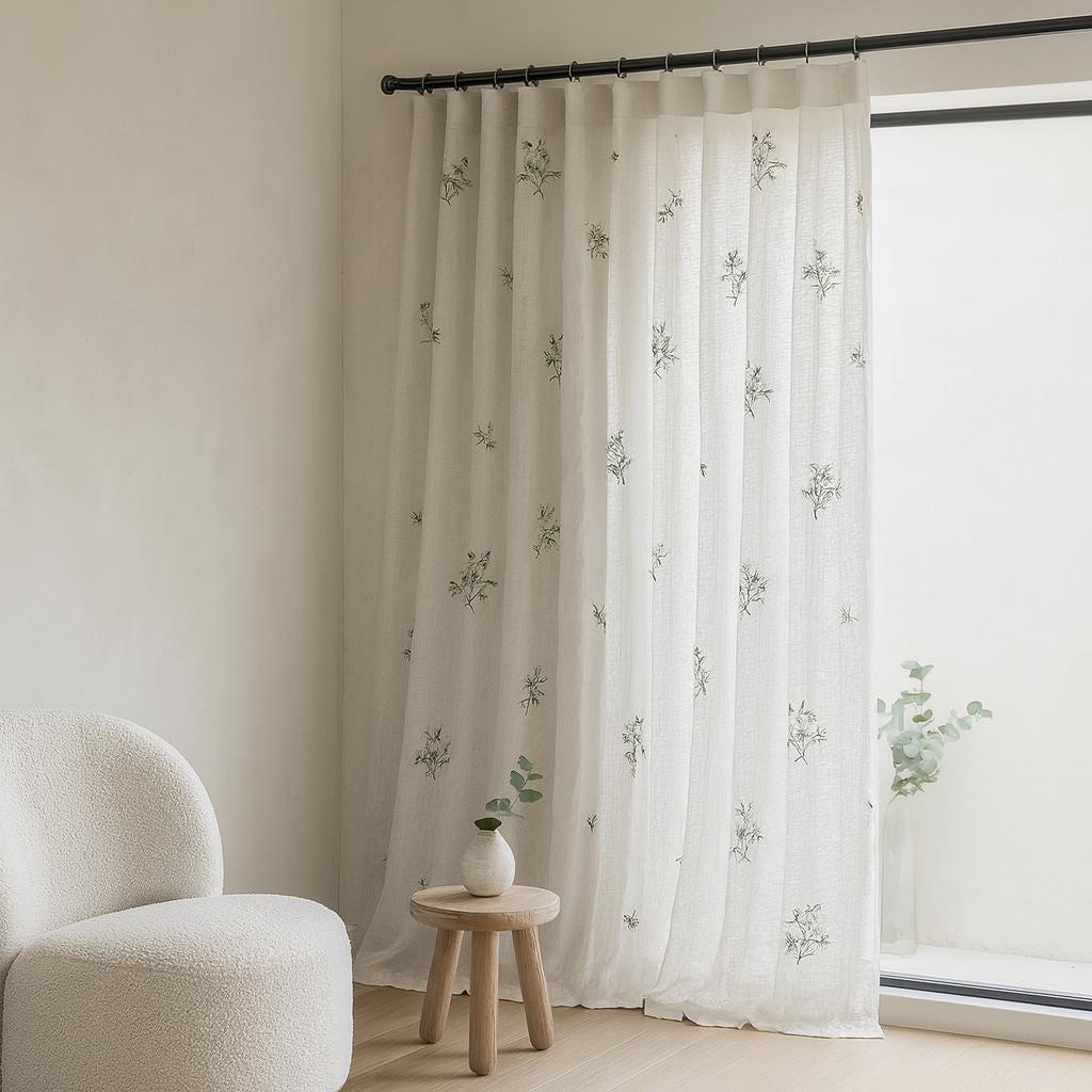 Sheer Linen Curtains: White with Eucalyptus Embroidery - Ripple Fold Style — image 6