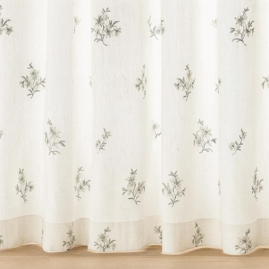 Sheer Linen Curtains: White with Eucalyptus Embroidery - Ripple Fold Style — image 8