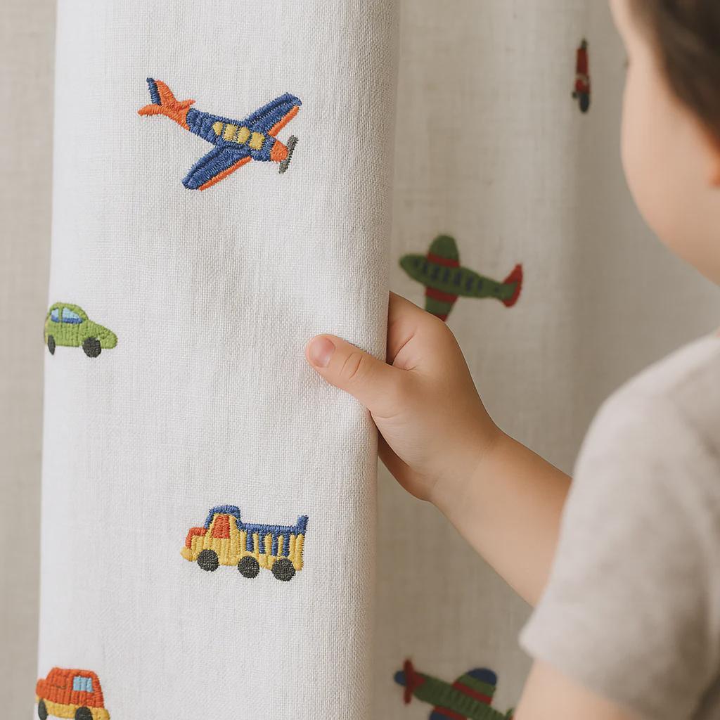 Kids Blackout Curtain, Organic Linen, Cars & Planes (Single Panel) — image 1