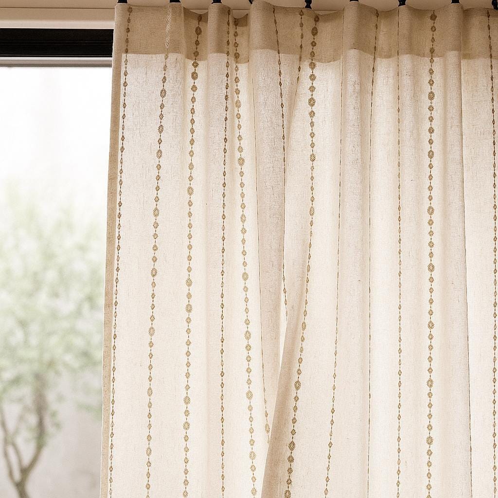 Sheer Linen Curtains: Embroidered Ivory with Taupe Dots (Hooks, Tabs, Grommets) — image 3