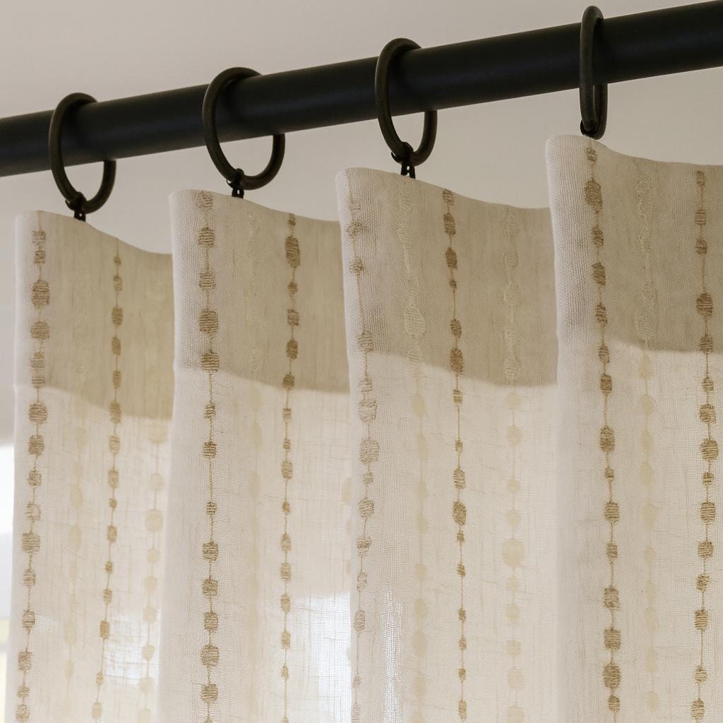 Sheer Linen Curtains: Embroidered Ivory with Taupe Dots (Hooks, Tabs, Grommets) — image 6