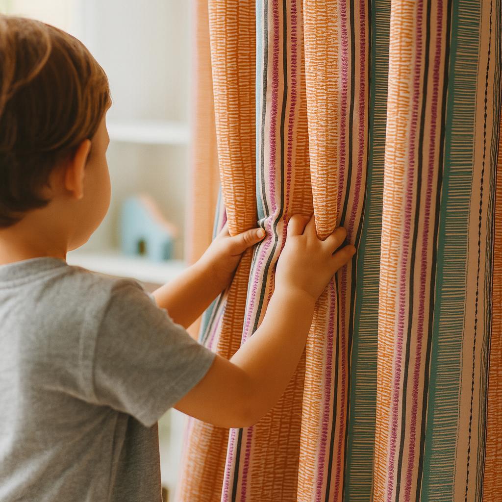 Organic Cotton Kids Curtains - Vertical Stripes in Peach and Teal — image 1
