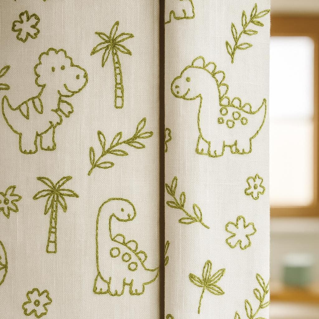 Organic Linen Kids Curtains, Dinosaur & Palm Embroidery (Blackout or Light-Filtering) — image 4