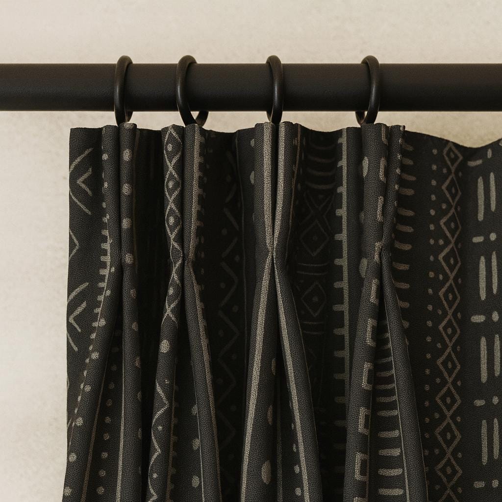 Organic Cotton Mudcloth Curtains: Charcoal Black & Light Grey Tribal Print — image 3