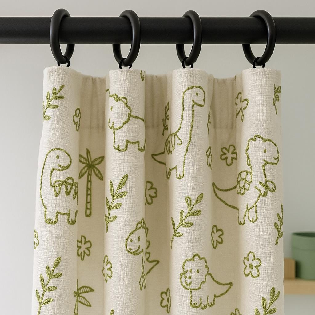 Organic Linen Kids Curtains, Dinosaur & Palm Embroidery (Blackout or Light-Filtering) — image 6