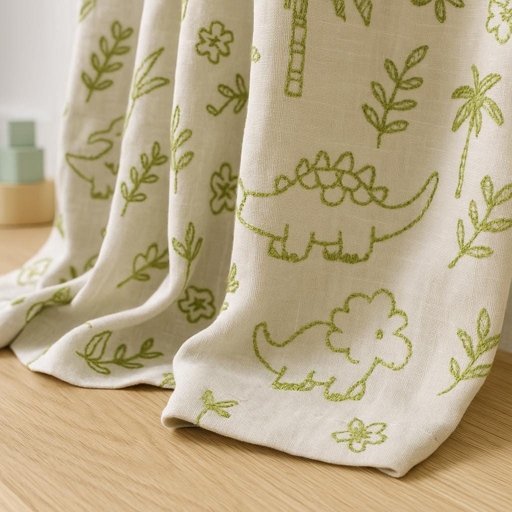 Organic Linen Kids Curtains, Dinosaur & Palm Embroidery (Blackout or Light-Filtering) — image 2