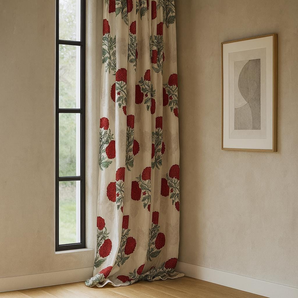 Floral Curtains: Organic Cotton Red and Sage Print (Unlined, Lined, Blackout) — image 3