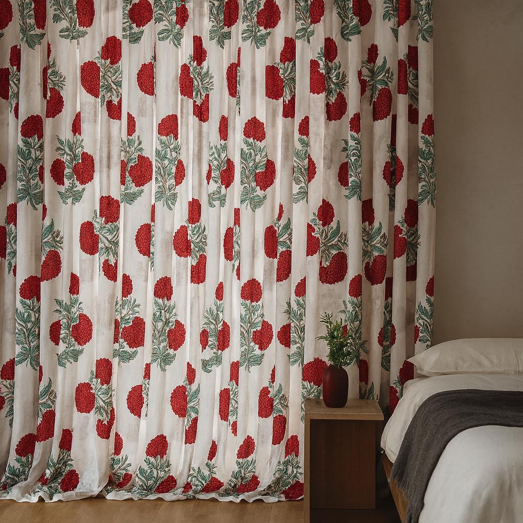 Floral Curtains: Organic Cotton Red and Sage Print (Unlined, Lined, Blackout) — image 5